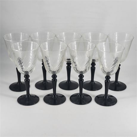 Set of 9 Vintage Dessert Wine Glasses with Black Feet, Arcoroc Swirl Onyx