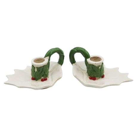 Vintage Handmade Ceramic Holly Leaves Candle Holders, Pair of 2