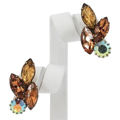 Vintage Prong Set Aurora Borealis Rhinestone & Topaz Navette Clip Earrings