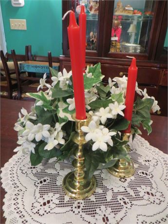 Christmas Center Piece w/3 Brass Candlesticks