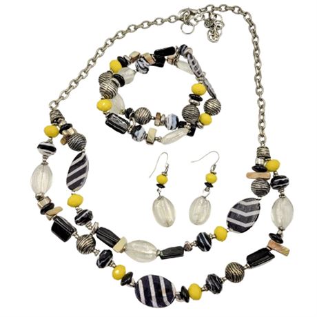 Black and Yellow Bead Double Strand Necklace, Bracelet, and Dangle Earring Set