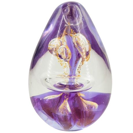 Purple and Gold Swirl Art Glass Teardrop Paperweight