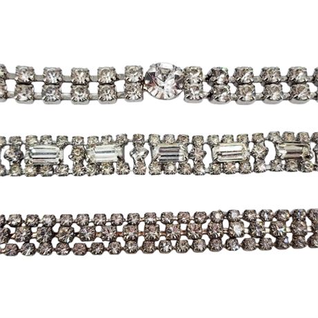 Three Vintage Prong Set Clear Rhinestone Bracelets
