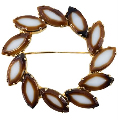 Vintage Caramel Cream Givré Glass Circle Brooch