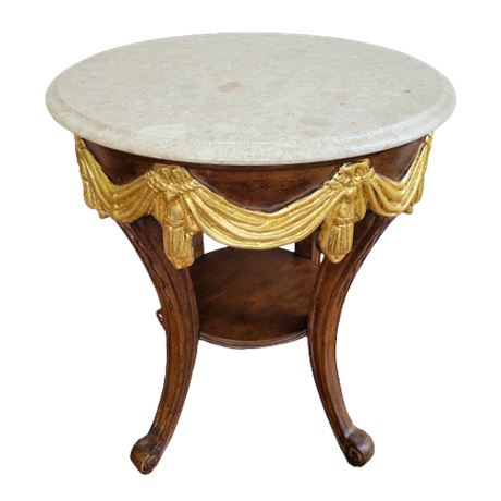 French Neoclassical 4-Leg Gueridon Table with Marble Top & Gold Gilt Drapery