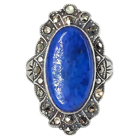 Signed Vintage UNCAS Sterling Silver Marcasite & Blue Art Glass Ring, Sz 5