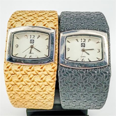 Pair of Wide-Band Quartz Watches – Woven Texture – Tan & Gray