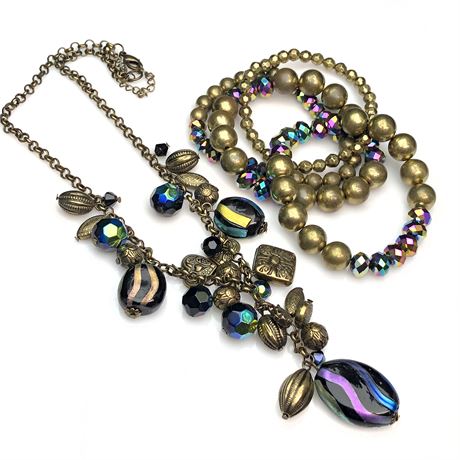Vintage Swirled Glass Necklace With Complimenting Aurora Borealis Bracelets
