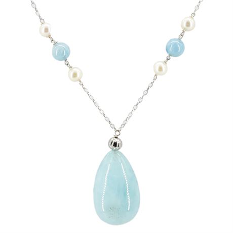 Signed CP Sterling Silver, Cultured Pearl, & Aquamarine Necklace