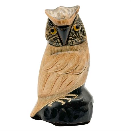Vintage Hand-Carved Authentic Horn Owl Figurine