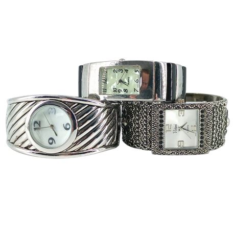 Vintage Ladies Cuff Watch Lot — Vivani & Fashion Quartz Bangle Watches, 3 Pieces