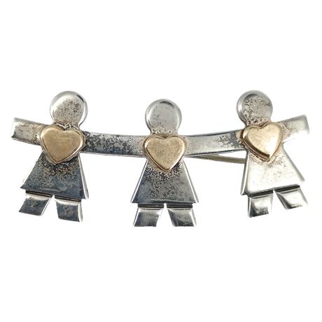 Signed Vintage Sterling 3 Children Love Holding Hands Pin Brooch By Naldo