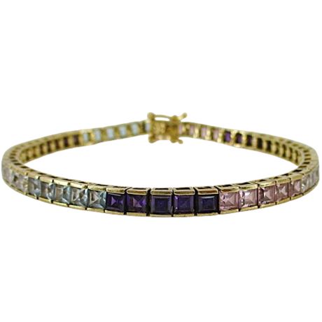 Designer CA Gold Over 925 Sterling Multicolor Rainbow Tennis Bracelet