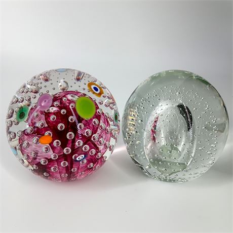 Pair of Vintage Art Glass Paperweights – Controlled Bubbles & Millefiori Accents