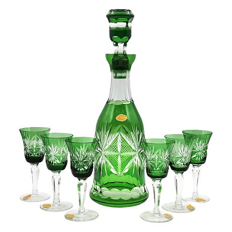 Bohemian Emerald Cut-to-Clear Crystal Decanter & Cordial Glasses Set