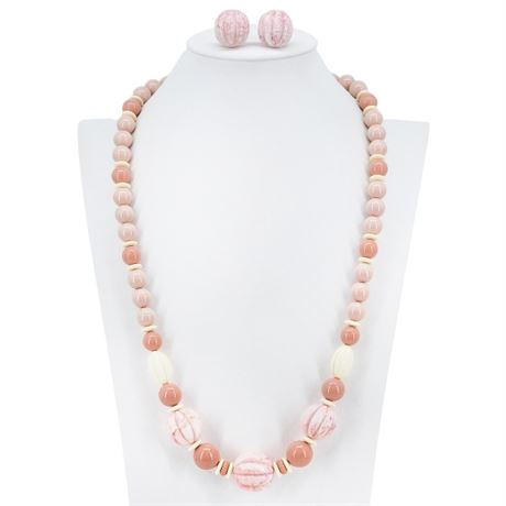 Vintage AVON "Burst of Spring" Dusty Pink Lucite Beaded Necklace & Clip Earrings