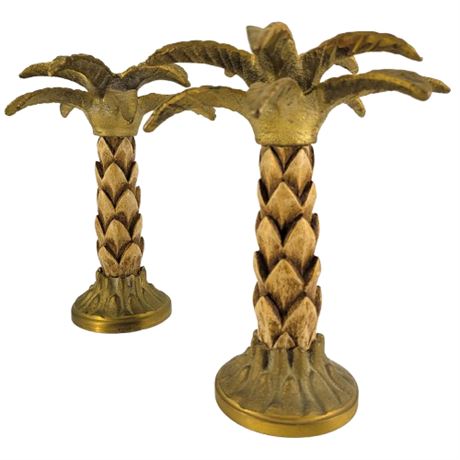 Brass Palm Tree Candleholder Pair