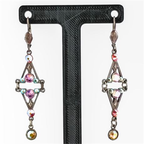 Vintage Aurora Borealis Rhinestone Dangle Earrings – Art Deco Style