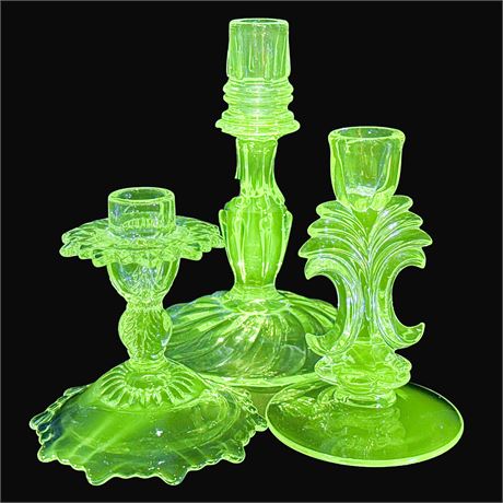 Three Vintage UV Reactive Glass Candlestick Holders