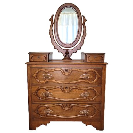 Victorian Walnut Dresser w/ Swivel & Pivot Oval Mirror