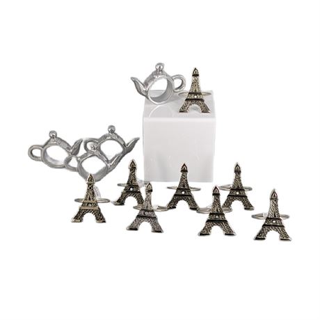 Lot 8 New Eiffel Tower Napkin Ring Holders + 4 Teapot Napkin Ring Holders