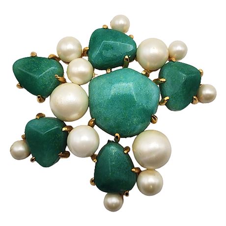 Signed Marvella Faux Pearl & Green Stones Brooch