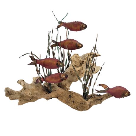 Metal Fish on Driftwood Sculpture