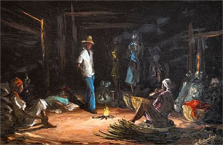 MCM Original Signed Haitian Night Scene Oil Painting