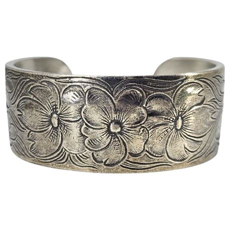 Signed Vintage Salisbury Pewter July Flower Larkspur Cuff Bracelet