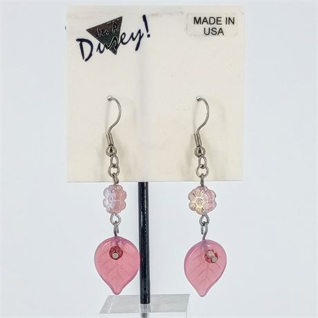 Dusey! Made in USA – Pink Glass Flower & Leaf Dangle Earrings (NWT)