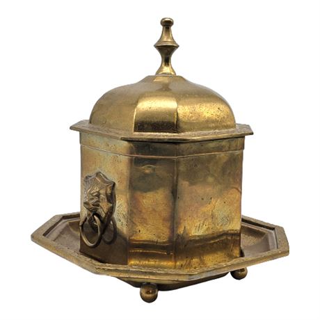 Vintage Brass Decorative Tea Caddy/Tobacco Box w/ Underplate