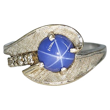 Vintage Signed 14K White Gold Star Sapphire & Diamond Ring, Sz 6