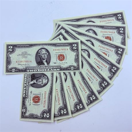 10 Consecutive 1963 $2 Red Seal Bills