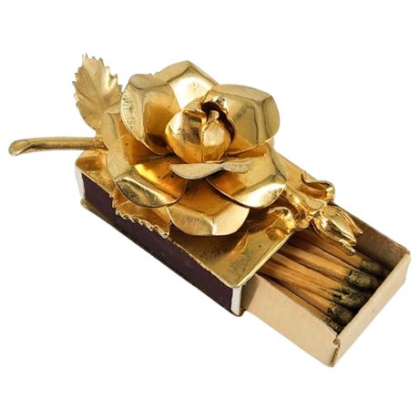 Vintage 3-D Gold Tone Rose Match Box Holder