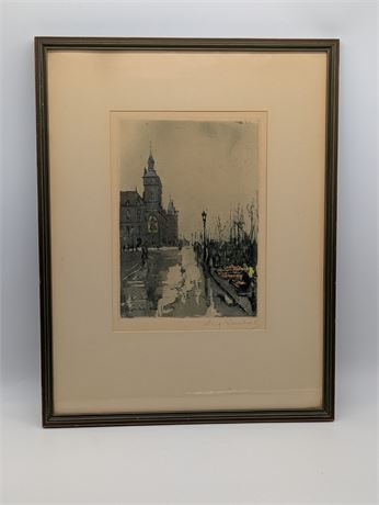 Signed Vintage Lithograph Conciergerie Paris Flowers The Quay