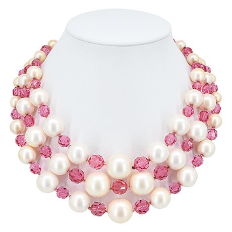 Vintage MARVELLA 3-Strand Chunky Faux Pearl & Pink Crystal Beaded Necklace