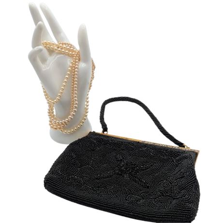 Vintage Black Beaded Purse & 3 Strands Pearls
