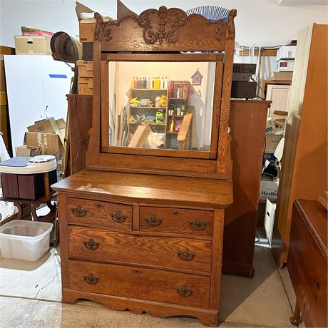 Antique Eastlake-Style Oak Dresser with a Beveled Mirror