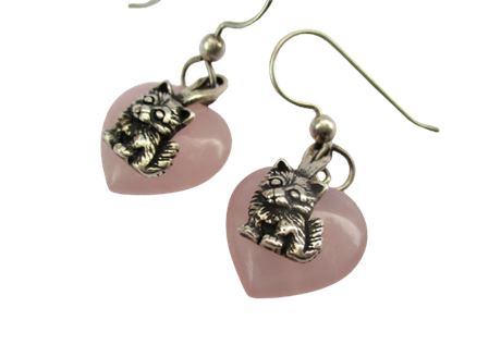 925 Sterling Silver Cats on Rose Quartz Heart Earrings