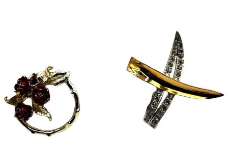 Gold Tone Pin with Roses & X with Gold Tone and Rhinestones