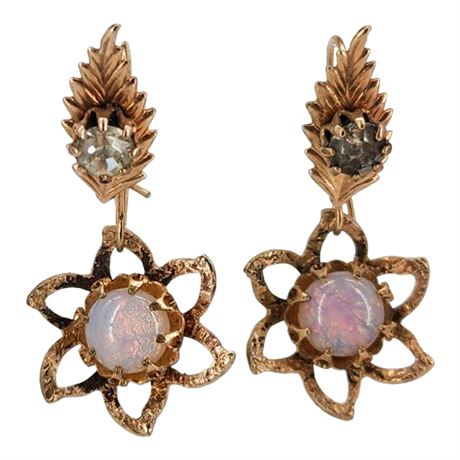 Vtg Victorian Revival Faux Opal & Rhinestone Earrings