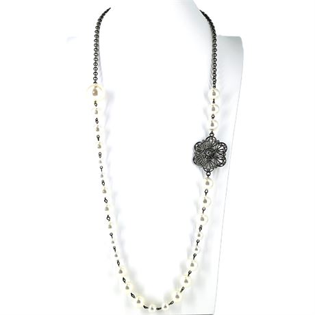 Vintage Faux Pearl & Filigree Flower Necklace