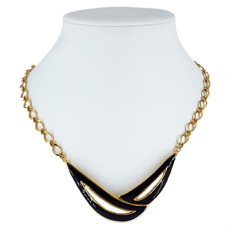 Signed Vintage MONET Black Enamel Gold Tone Necklace
