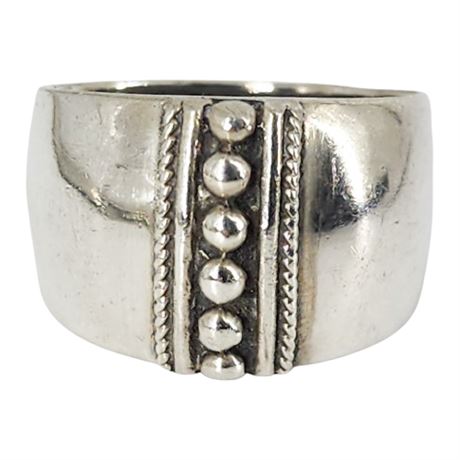 Sterling Silver Wide Beaded Cigar Band Ring, Sz 8