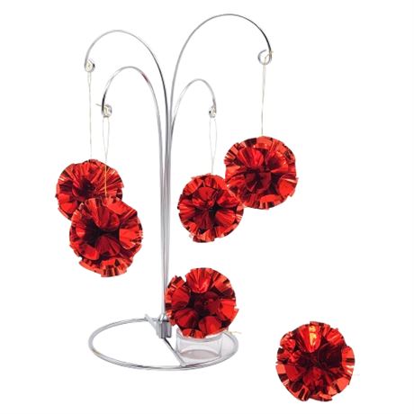Six Vintage Atomic Foil Solid Red Pom-Pom Ornaments
