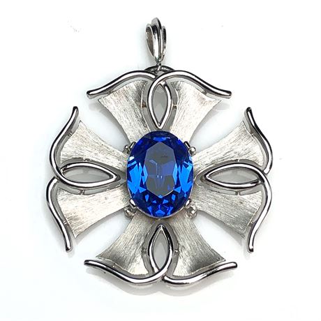 Vintage Trifari Silver Tone Open Flower Faceted Blue Rhinestone Pendant