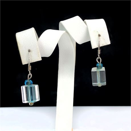 Vintage Sterling Silver Aqua Blue Cube Glass Earrings