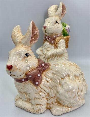 Pair of Adorable Ceramic Spring Tulip Easter Bunny Statues