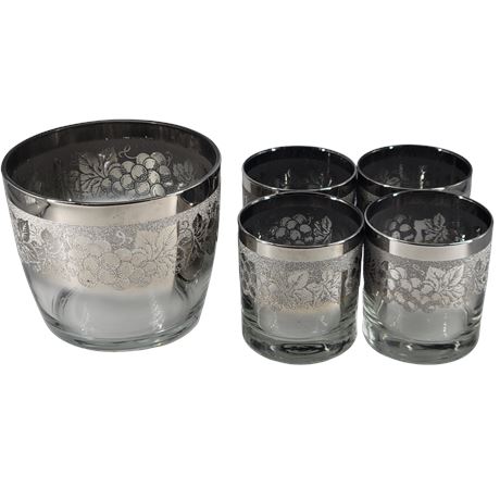 Queen Silver Fade Grape Pattern Whiskey Tumbler Glasses / Ice Bucket