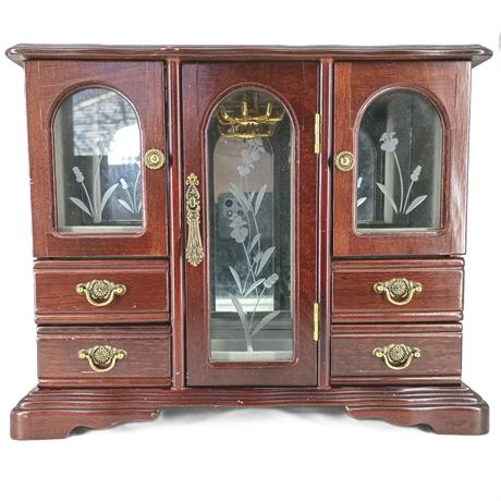 Vintage Wooden Jewelry Armoire Chest with Etched Glass Doors & Drawers